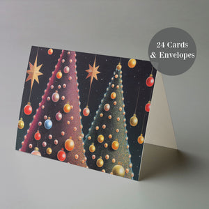24 Modern Christmas Tree Cards in 4 Colorful Designs + Envelopes