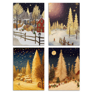 24 Nostalgic Snowy Christmas Village Cards in 4 Traditional Illustrations + Envelopes