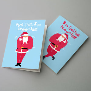 24 I am F#%@ing Freezing Santa Claus Merry Christmas Cards in 2 Fun Illustrations + Envelopes