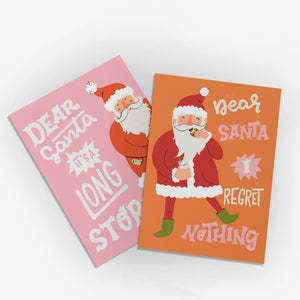 24 Retro Naughty Santa Christmas Cards in 2 Colorful Illustrations + Envelopes