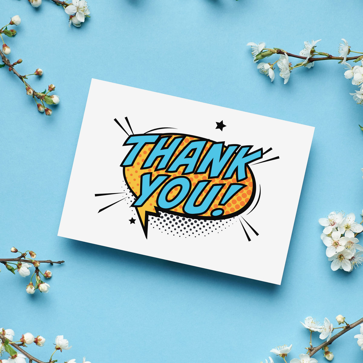 Card set with comic-style decorative elements including lightning bolts, radiating action lines, stars, and cloud puff shapes