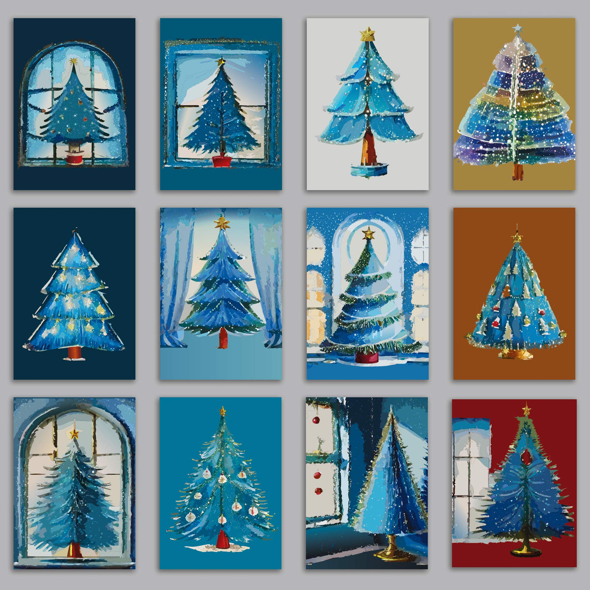 Retro Christmas Tree Holiday Window Cards, Set of 24