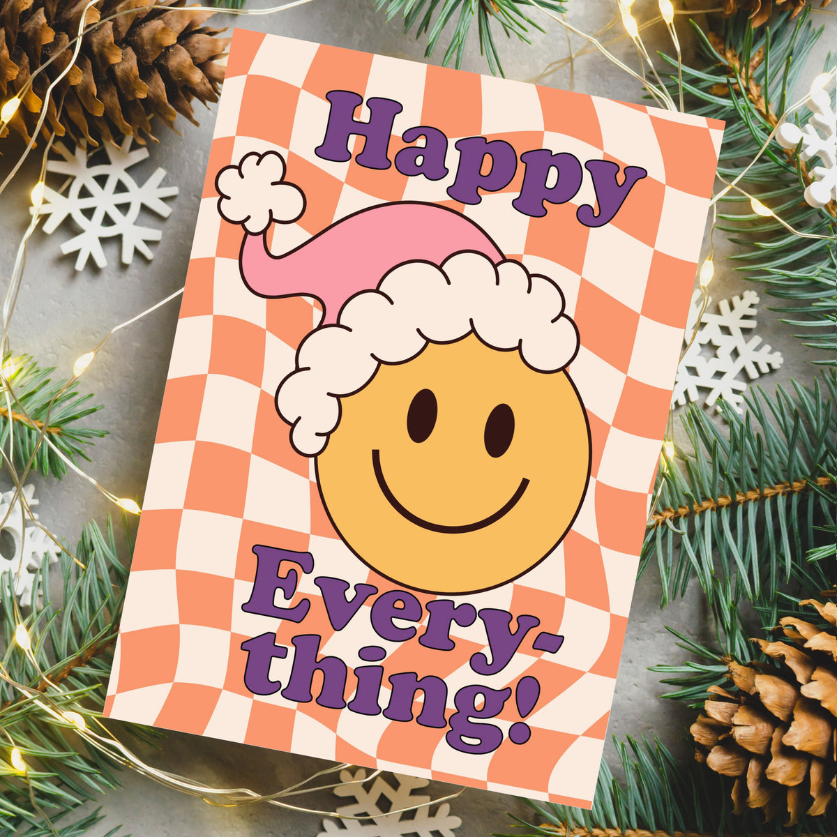 Set of 24 folded holiday cards with retro bubble lettering and phrases like "Have A Groovy Christmas" and "Holly Jolly Vibes.