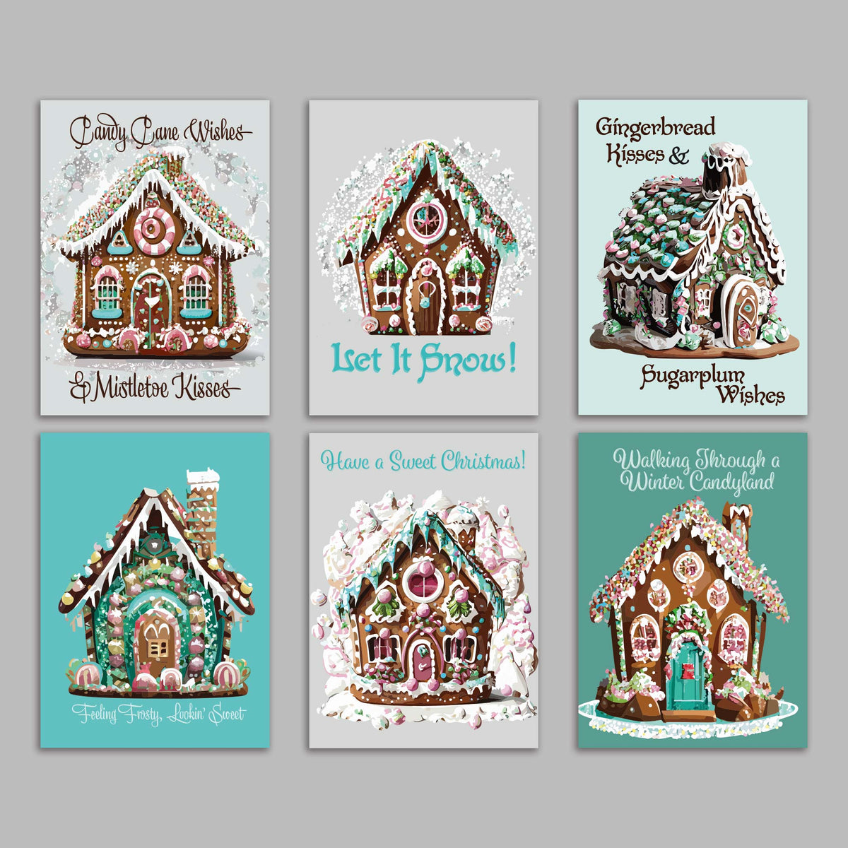 Retro Blue Gingerbread House Christmas Cards, Set of 24