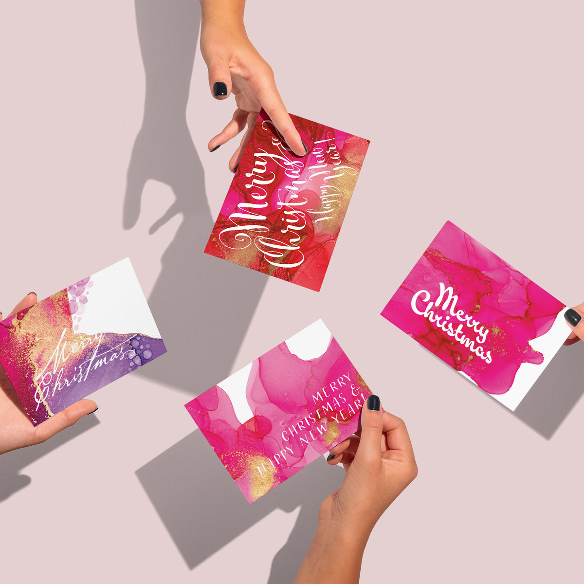 Pink Alcohol Ink Merry Christmas Greeting Cards, Set of 24