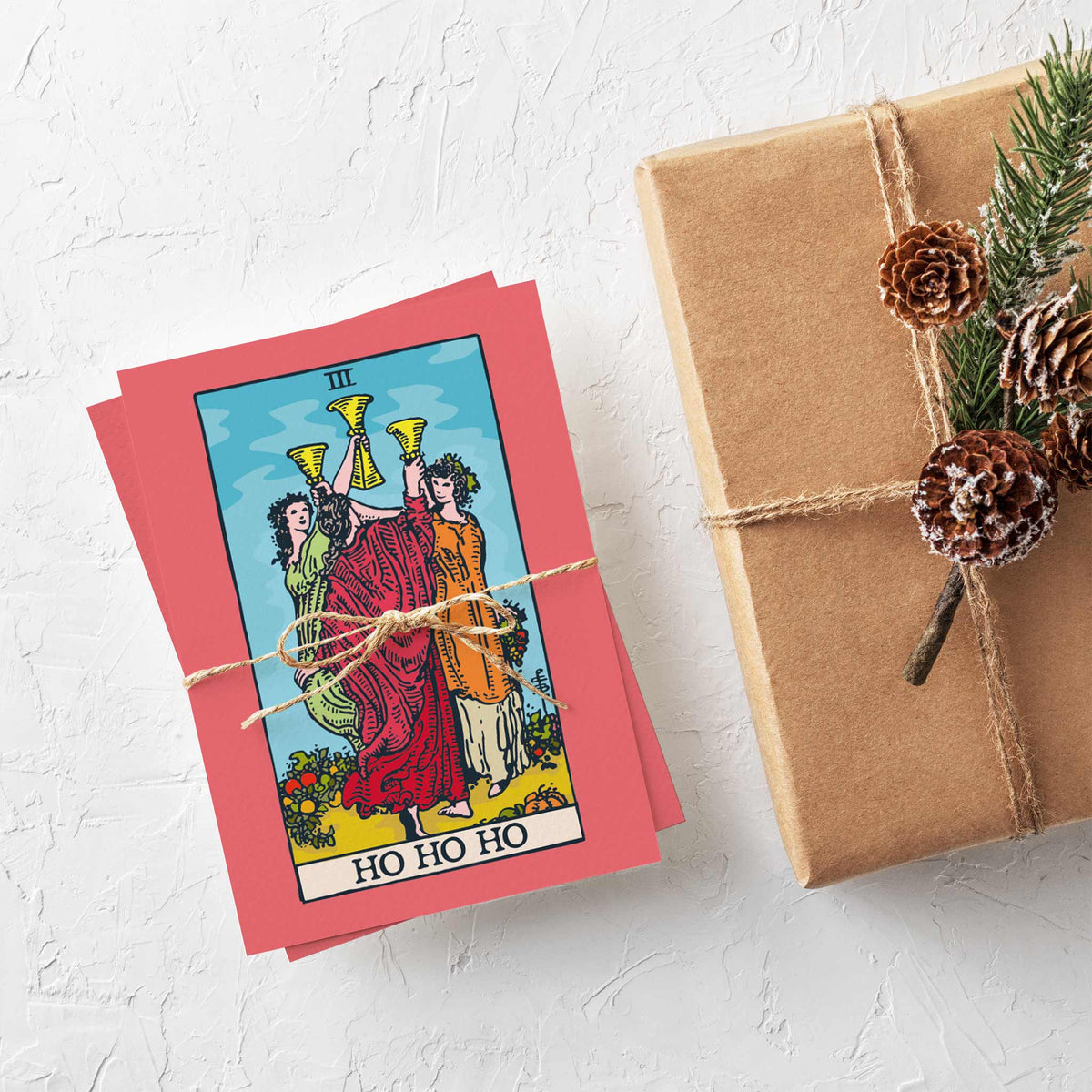 Six Christmas tarot parody cards including "Big Nick Energy," "Tinsel Tits," and "Drink Up, Grinches" designs.