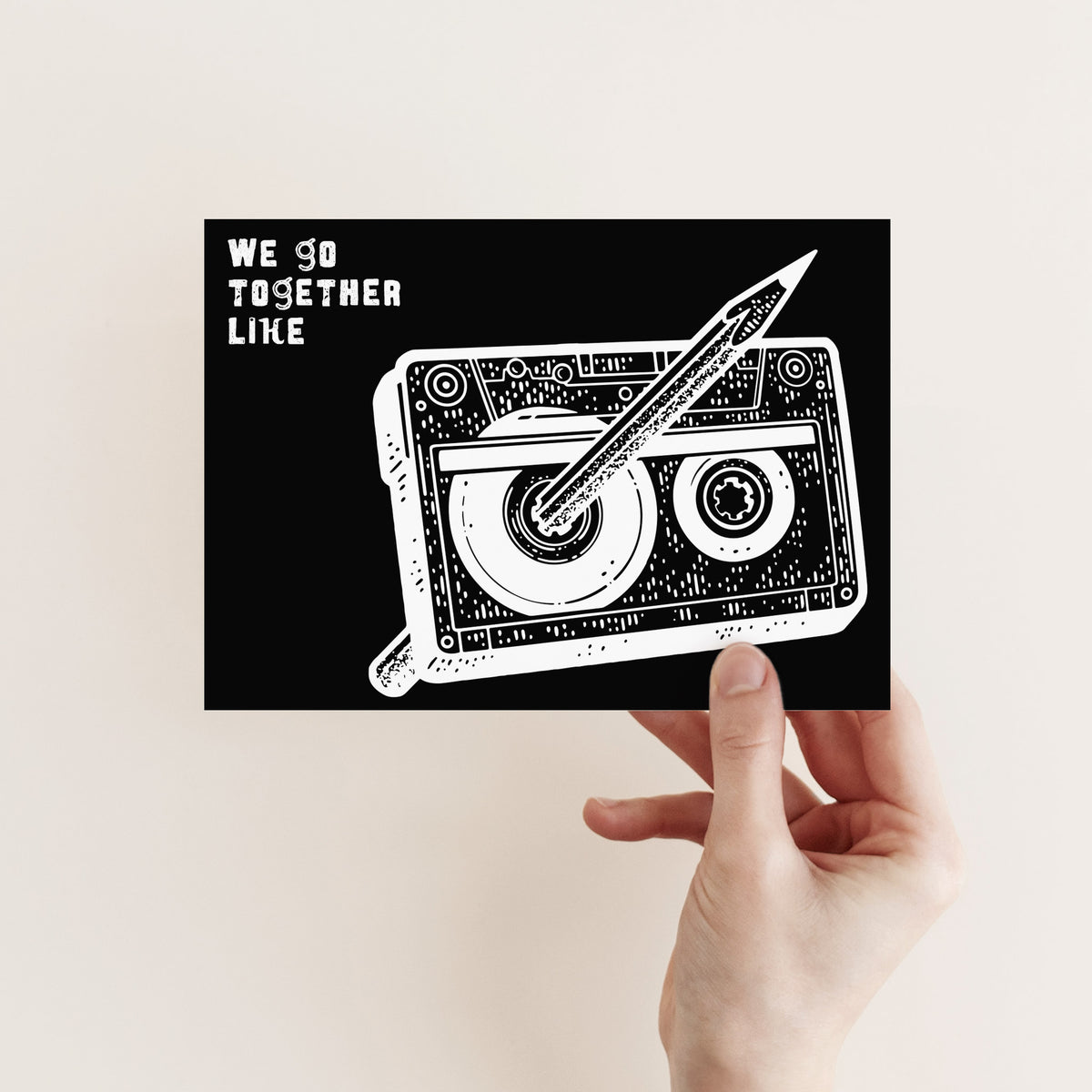 One design repeated 24 times: black card, white illustrated cassette tape with pencil, and three-line phrase.