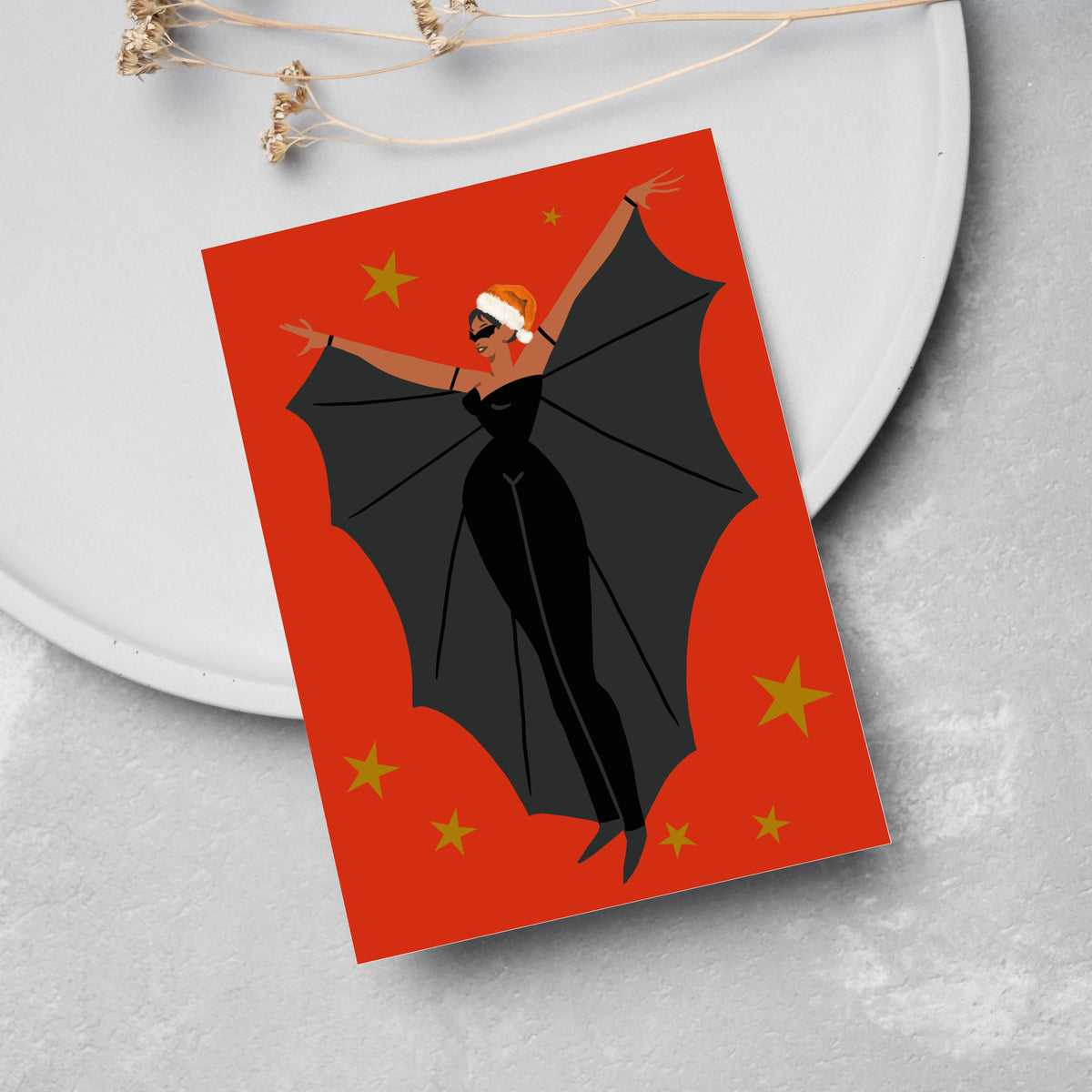 Set of 24 cards, 12 designs: female figures in Christmas tree dresses, ghost costumes, and bat wings on star-scattered ground