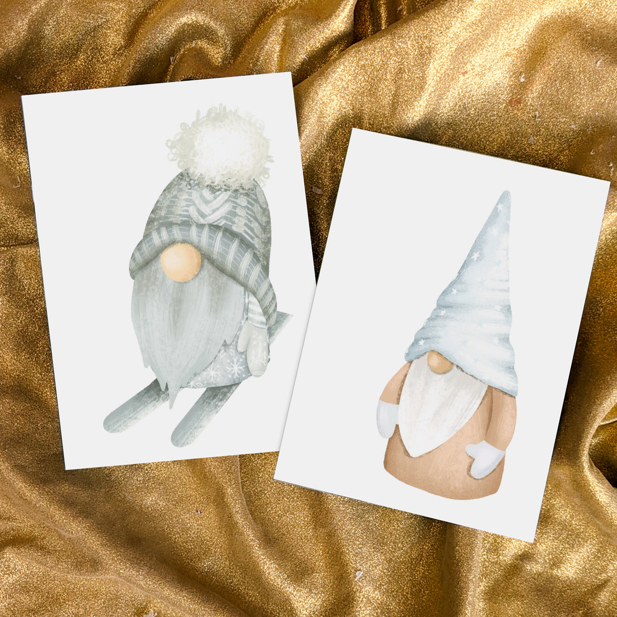 Gnome card set in tan, brown, gray, sage green, and blue-gray watercolor palette, 24 total.