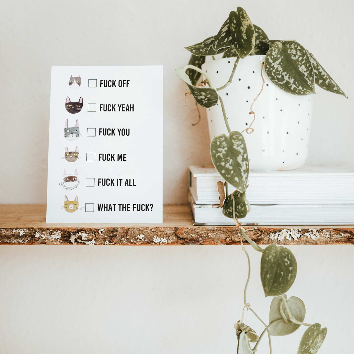 Set of 24 identical cards printed with a vertical cat checklist; cats rendered in gray, black, tan, blue-gray, and orange ton