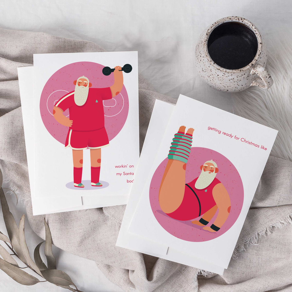 Set of 24 cards with a bearded Santa in workout gear and short fitness-themed phrases in red type.