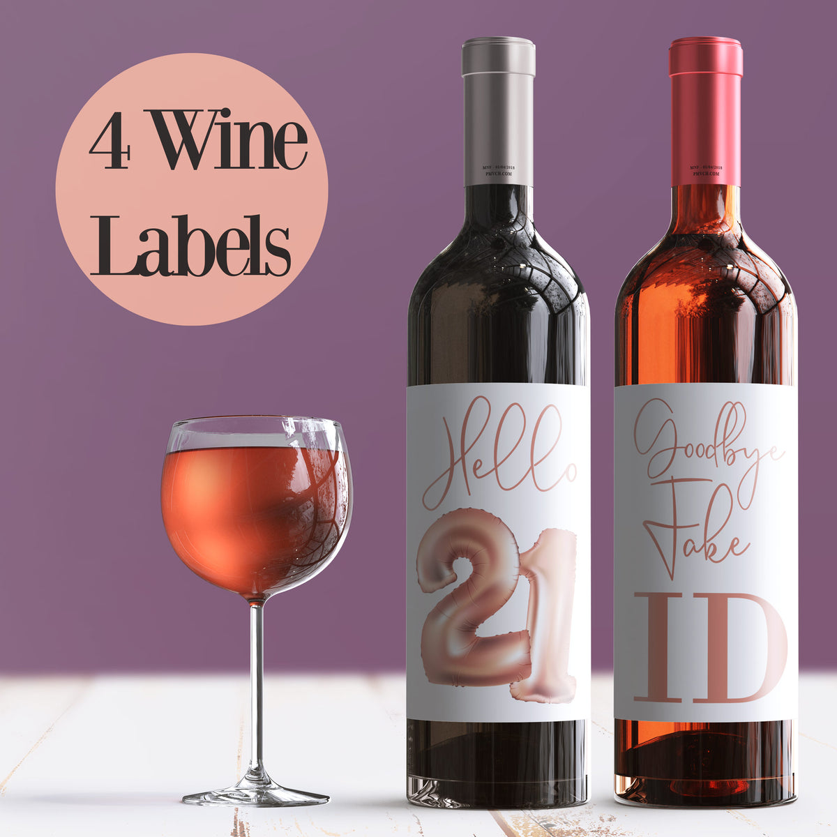 Rose Gold Balloon 21st Birthday Wine Labels, Pack of 4