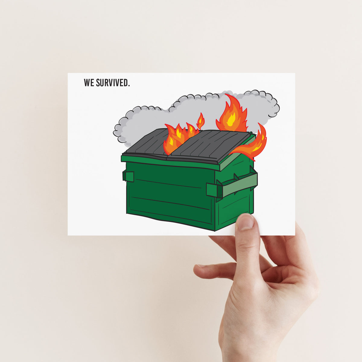 Pack of 24 identical landscape cards with a burning dumpster graphic and bold all-caps black text at the upper left corner.
