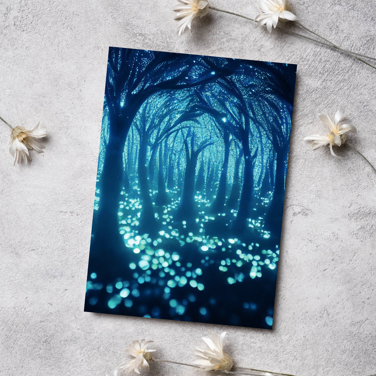 Card set, six portrait-orientation forest scenes with jewel-tone color palettes and bokeh light effects.
