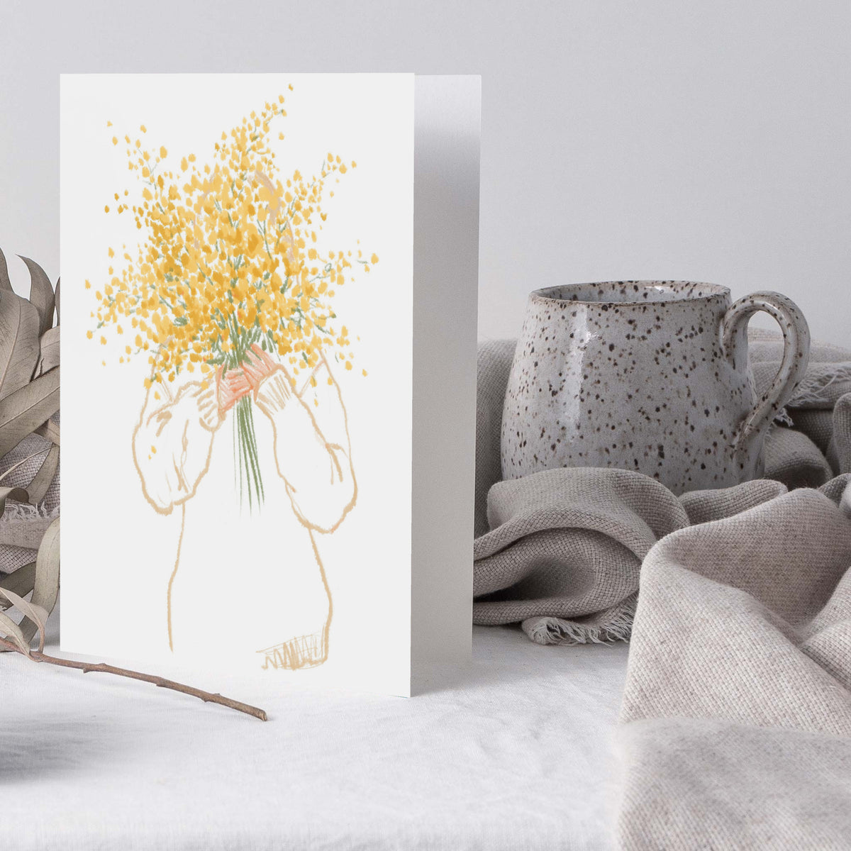 Set of 24 illustrated cards with a minimal sketch of a person and a large yellow flower bunch.