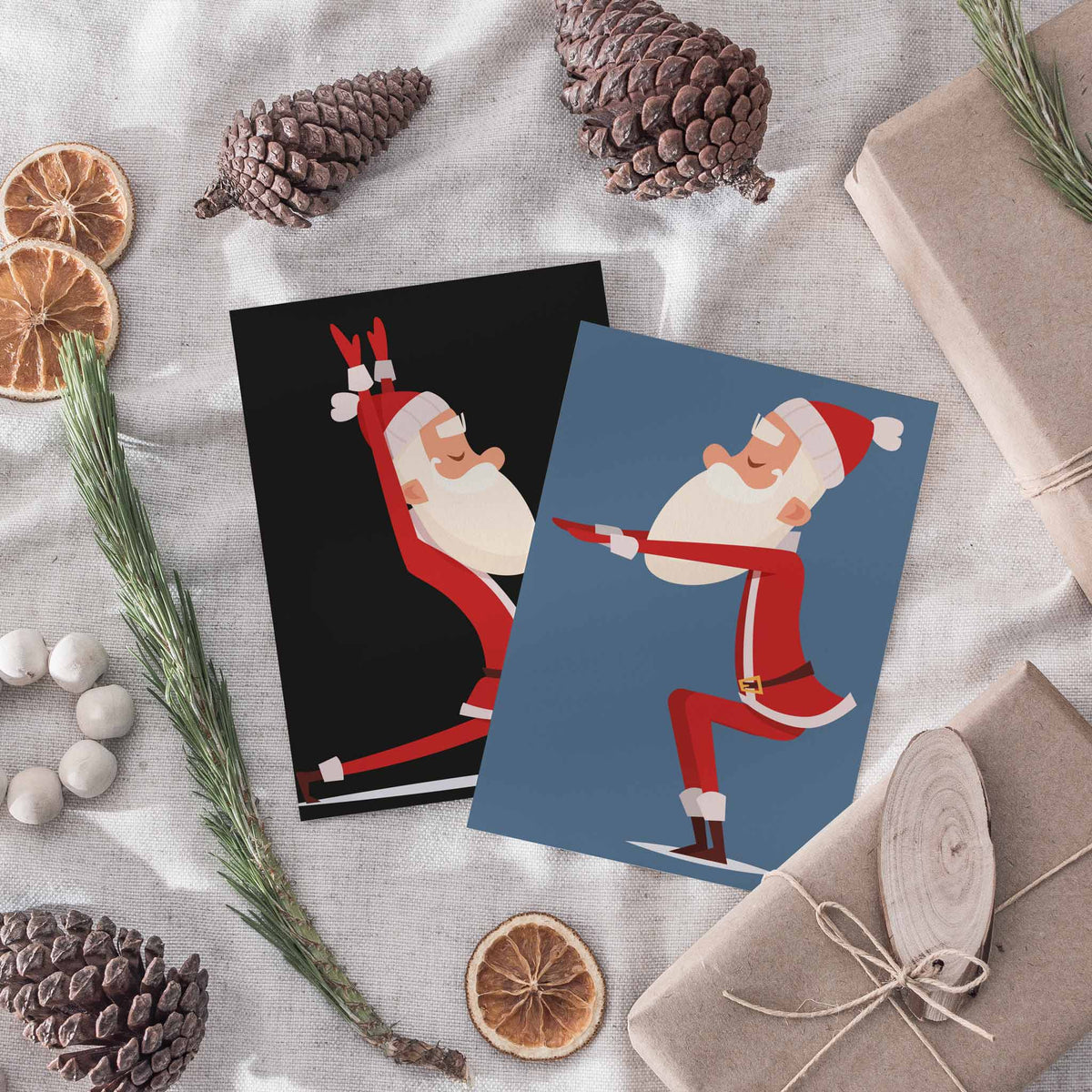 Illustrated Santa in red suit and white beard shown in six yoga poses across a 24-card Christmas card set.