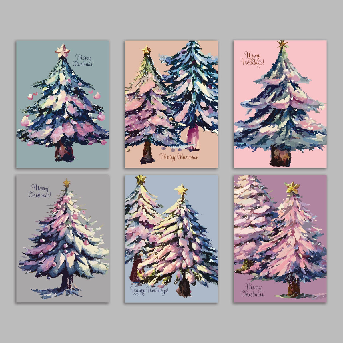 Pastel Snowy Christmas Tree Greeting Cards, Set of 24