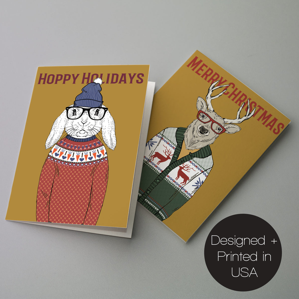 Holiday card set with six anthropomorphized animals in patterned sweaters; greetings include Merry Christmas and Happy Holida