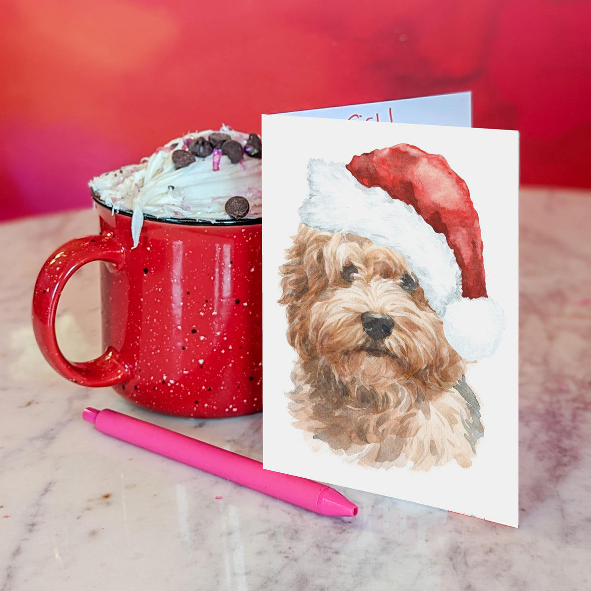 Christmas card pack of 24, watercolor dog portrait, labradoodle with fluffy fur and red Santa hat, white background.
