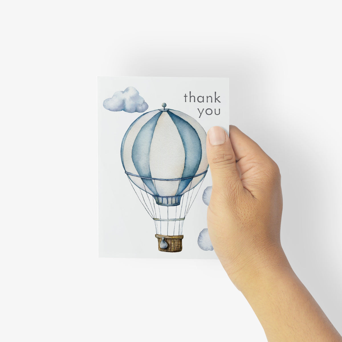 Card boxed thank you card set, single confirmed design, watercolor balloon with clouds in blue-gray, cream, and tan tones.