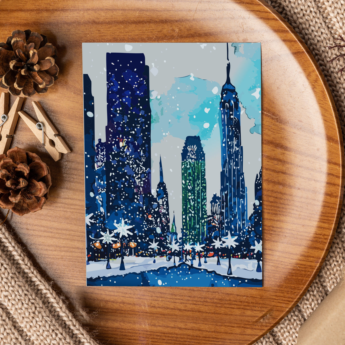 Watercolor-style holiday cards showing art deco towers, glowing street lamps, Christmas trees, and snowy rinks.