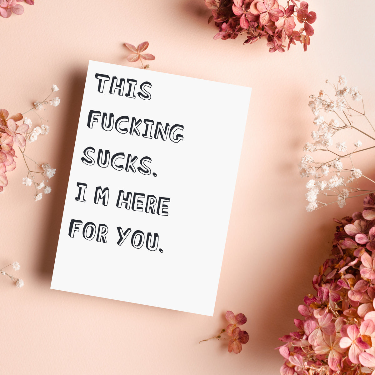 Greeting card set of 24 featuring phrases including "THIS FUCKING SUCKS. I'M HERE FOR YOU." and "WELL, SHIT."