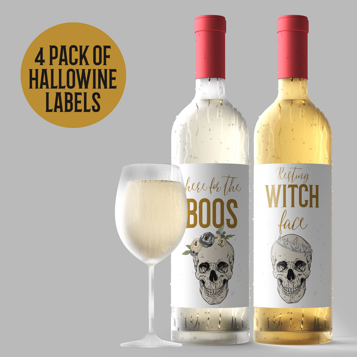 Boho Skull Halloween Wine Labels, Pack of 4