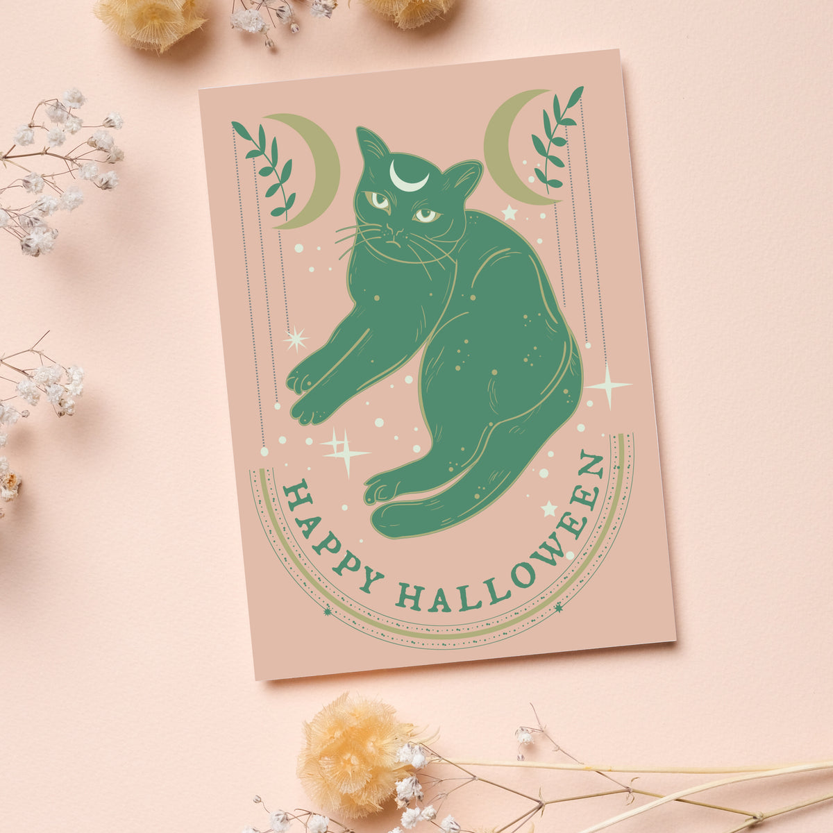 Flat Halloween cards with a symmetrical cat illustration and celestial decorative elements.
