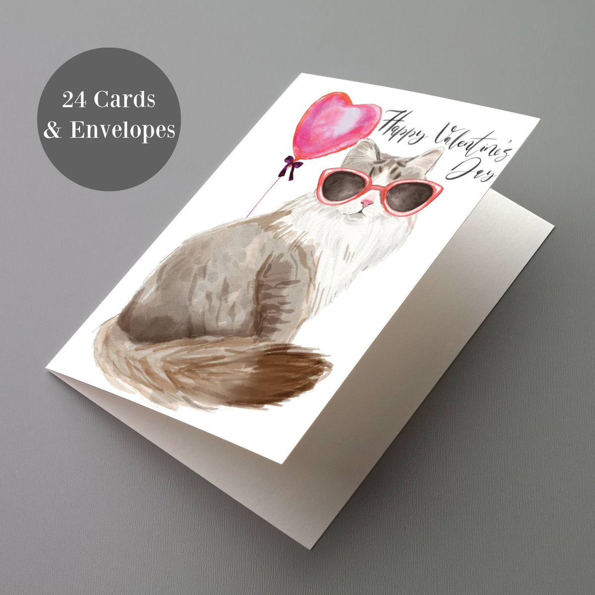 Valentine's Day Cat Greeting Cards, Set of 24
