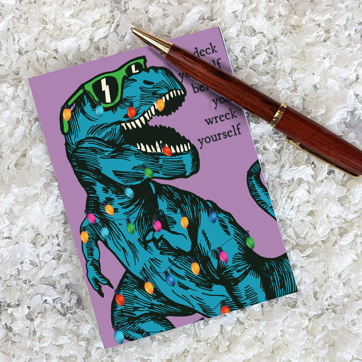 Card holiday set, two colorways, lowercase serif text reading "deck yourself before you wreck yourself."