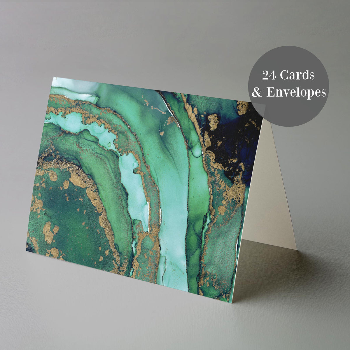 Set of 24 notecards with full-bleed marbled designs featuring gold accents and organic shapes.