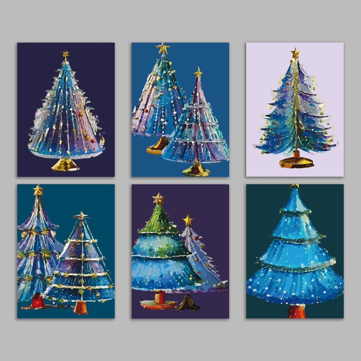 Retro Blue Glass Christmas Tree Greeting Cards, Set of 24