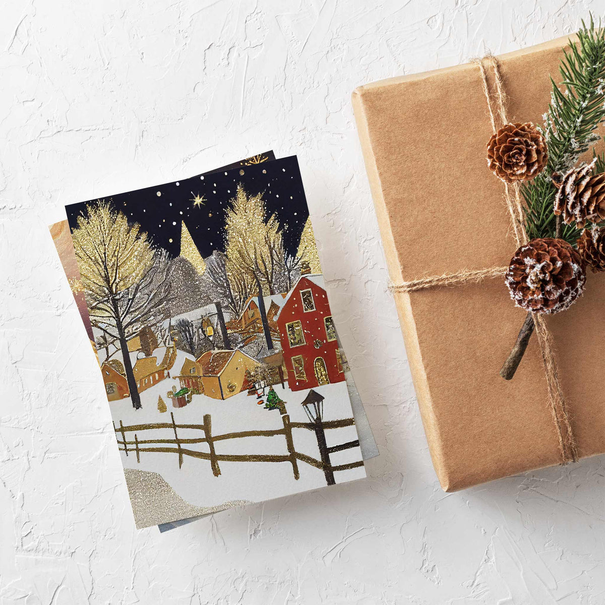 Christmas card set of 24 with four distinct navy and gold winter night illustrations, six cards each.