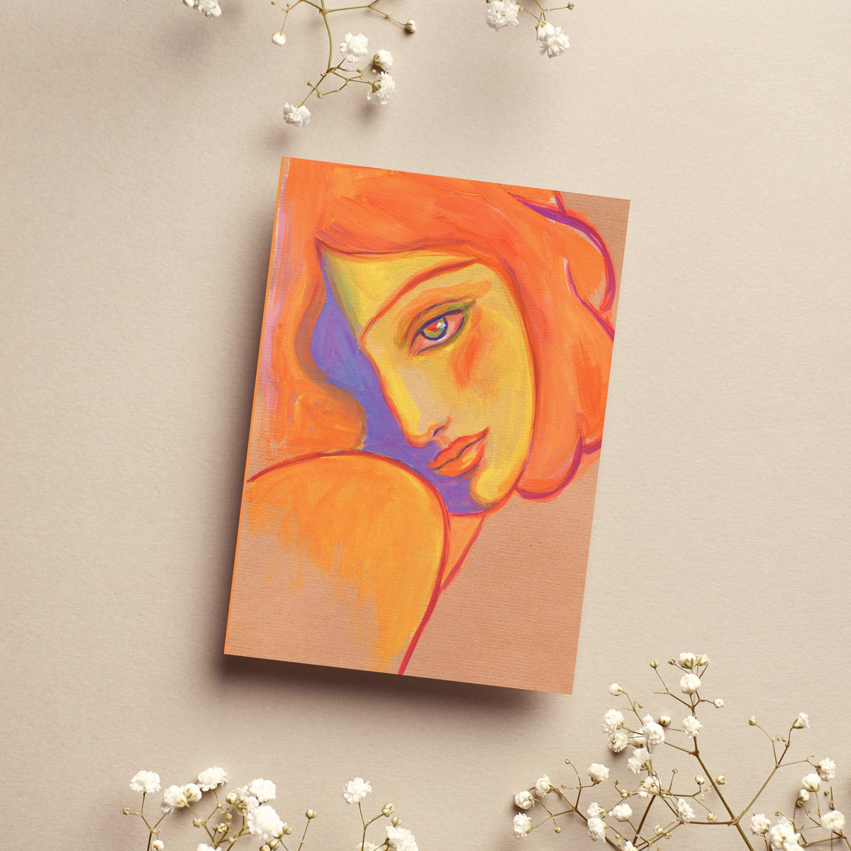 Blank-front notecards with full-bleed abstract and fashion-inspired illustrations in oranges, pinks, and purples.