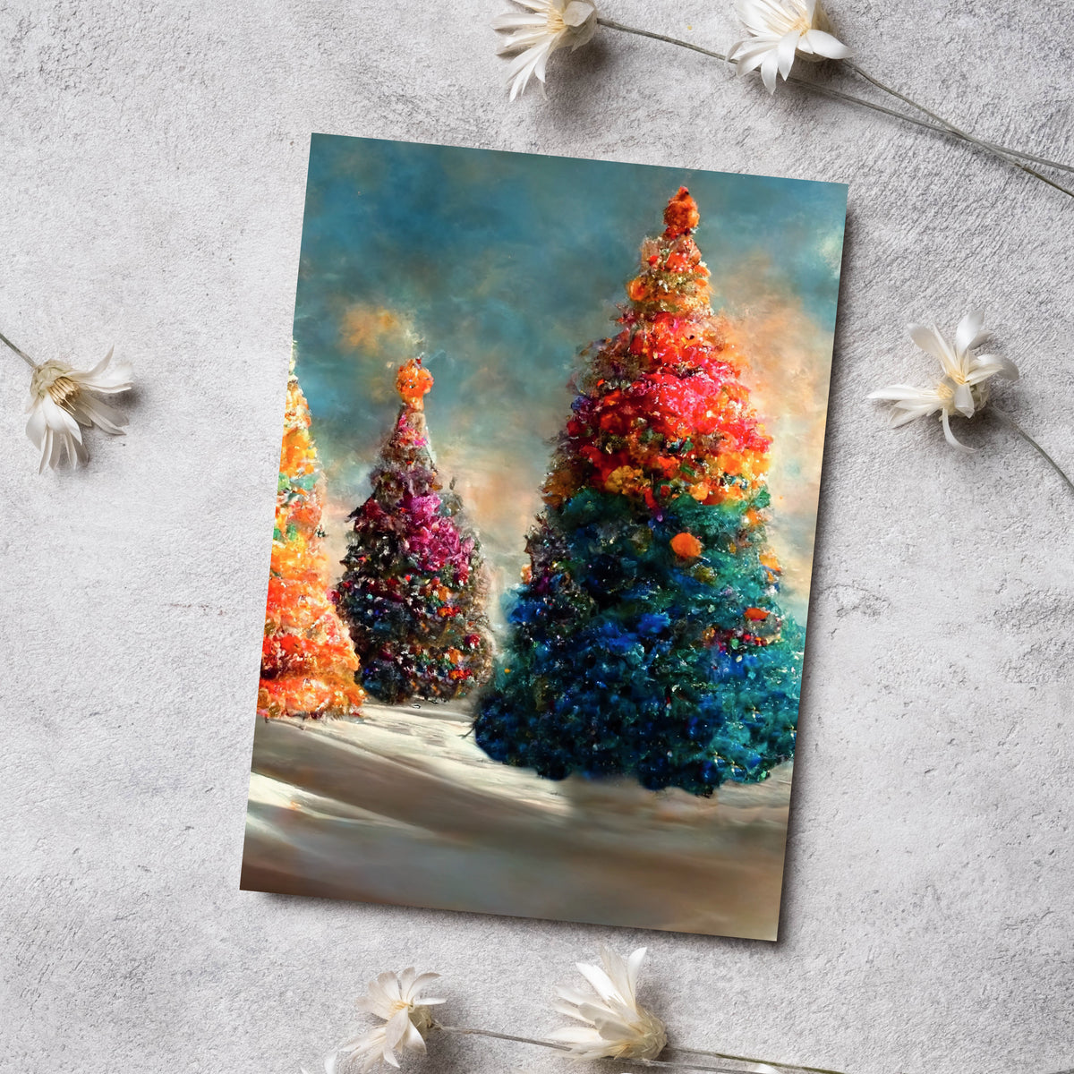 Set of 24 cards with full-bleed illustrated Christmas trees under blue-gray and amber skies.