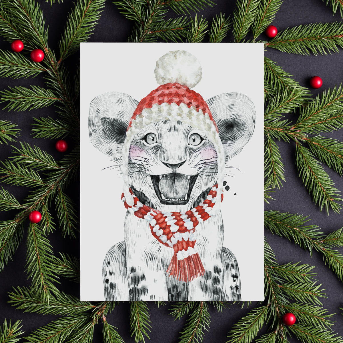 Set of 24 cards with four animal designs, cross-hatched fur detail and watercolor knitwear on white backgrounds.