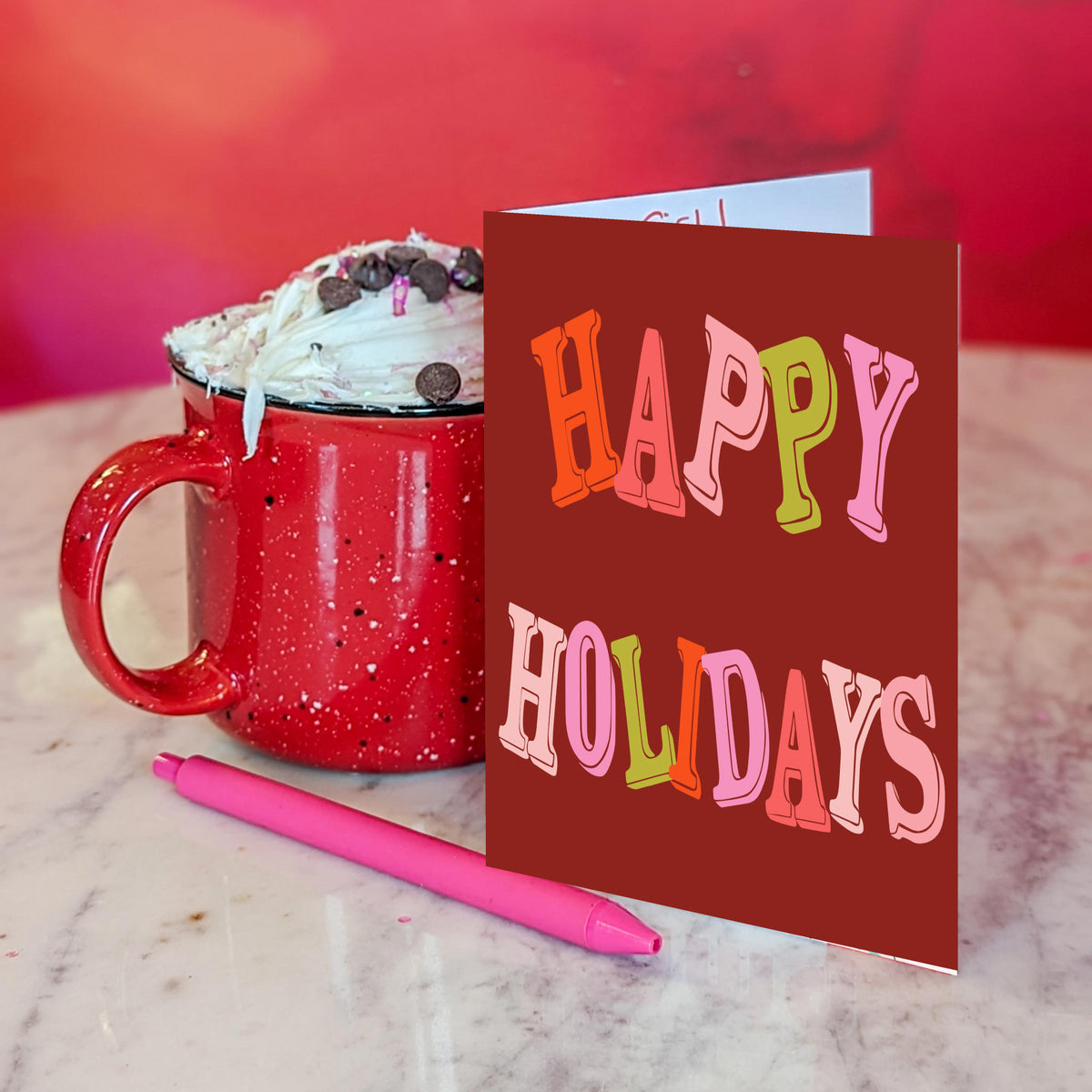 Christmas card assortment with phrases including Meowy Christmas, Sleigh All Day, Festive AF, and Feliz Navidad.