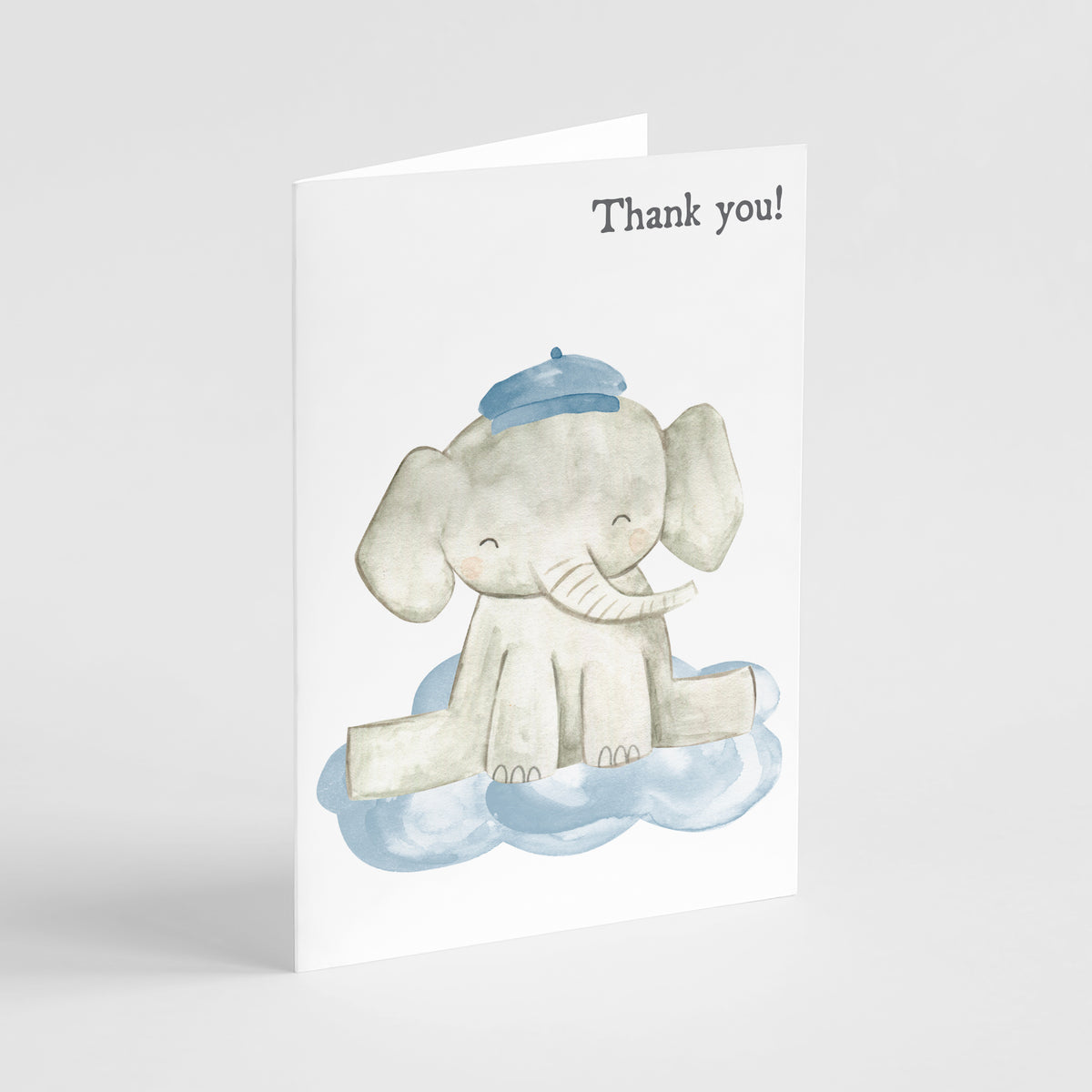 Kids thank you card set of 24 with whimsical watercolor-style elephant graphics in gray, blue, and blush.