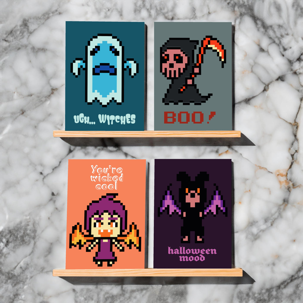 Card set with four flat, graphic Halloween illustrations in a retro pixel art style.