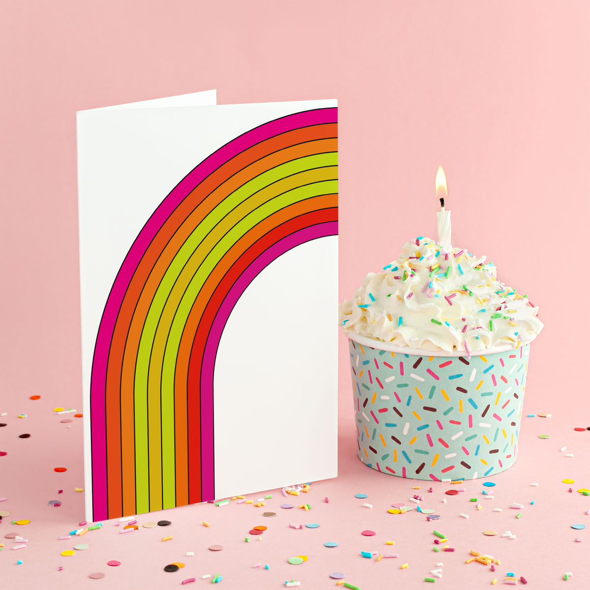 White, magenta-purple, and black background cards with concentric rainbow arc and horizontal stripe designs.