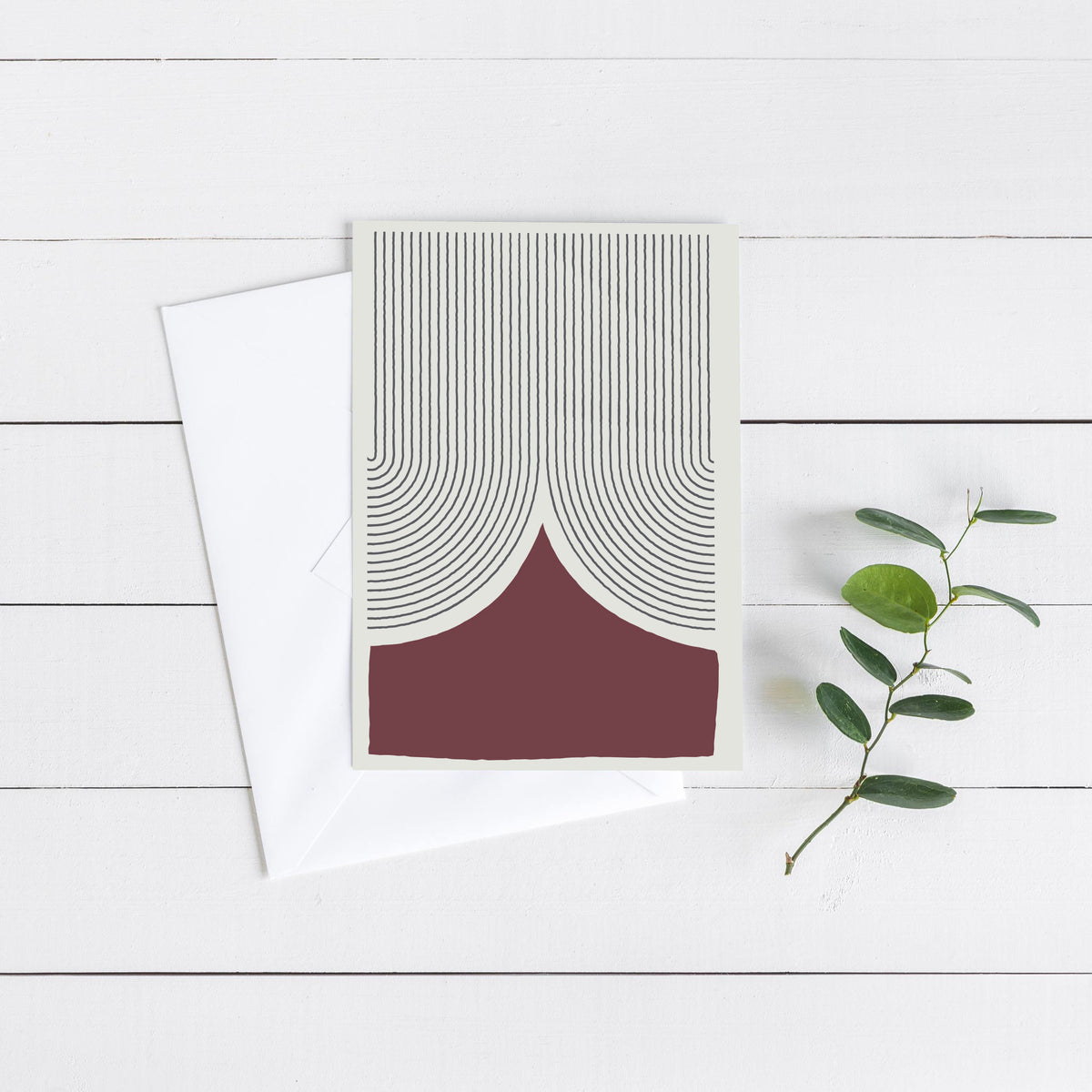 Minimalist notecards in four geometric designs with balanced negative space and curved lines.