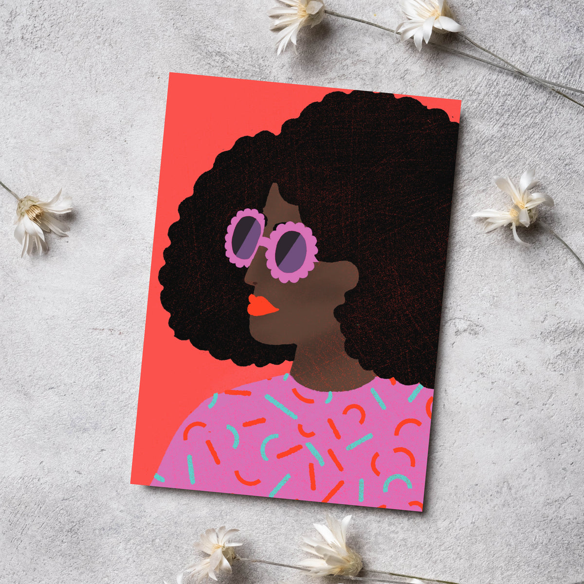 Illustrated card set depicting four women with varied hair styles, skin tones, and patterned tops.