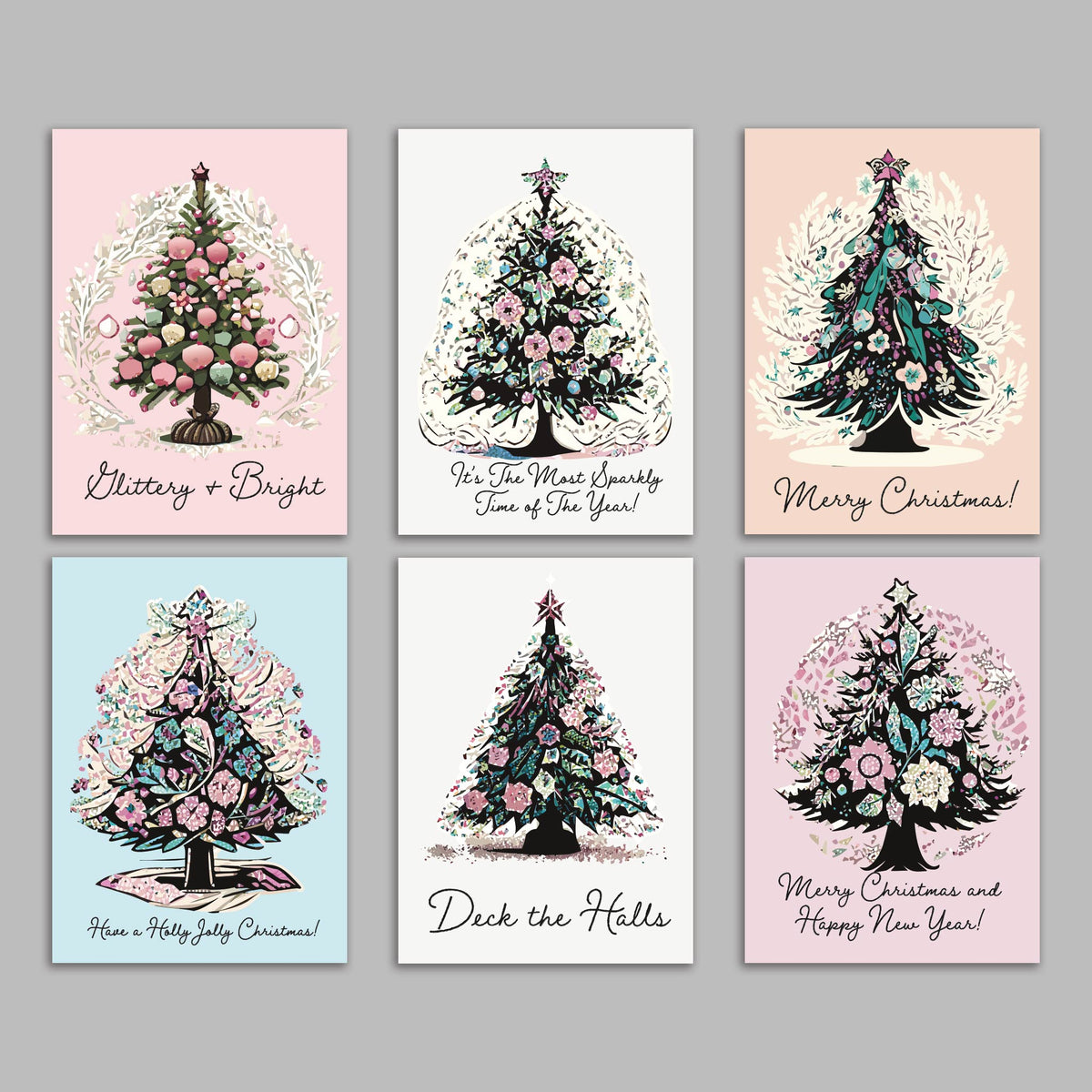 Floral Christmas Tree Greeting Cards, Set of 24