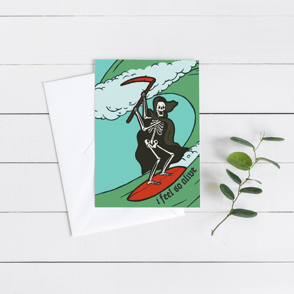 Skeleton grim reaper on a red surfboard riding a large green wave, printed on a set of 24 cards.