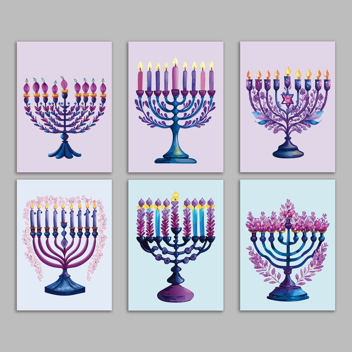 Blooming Menorahs Hanukkah Greeting Cards, Set of 24