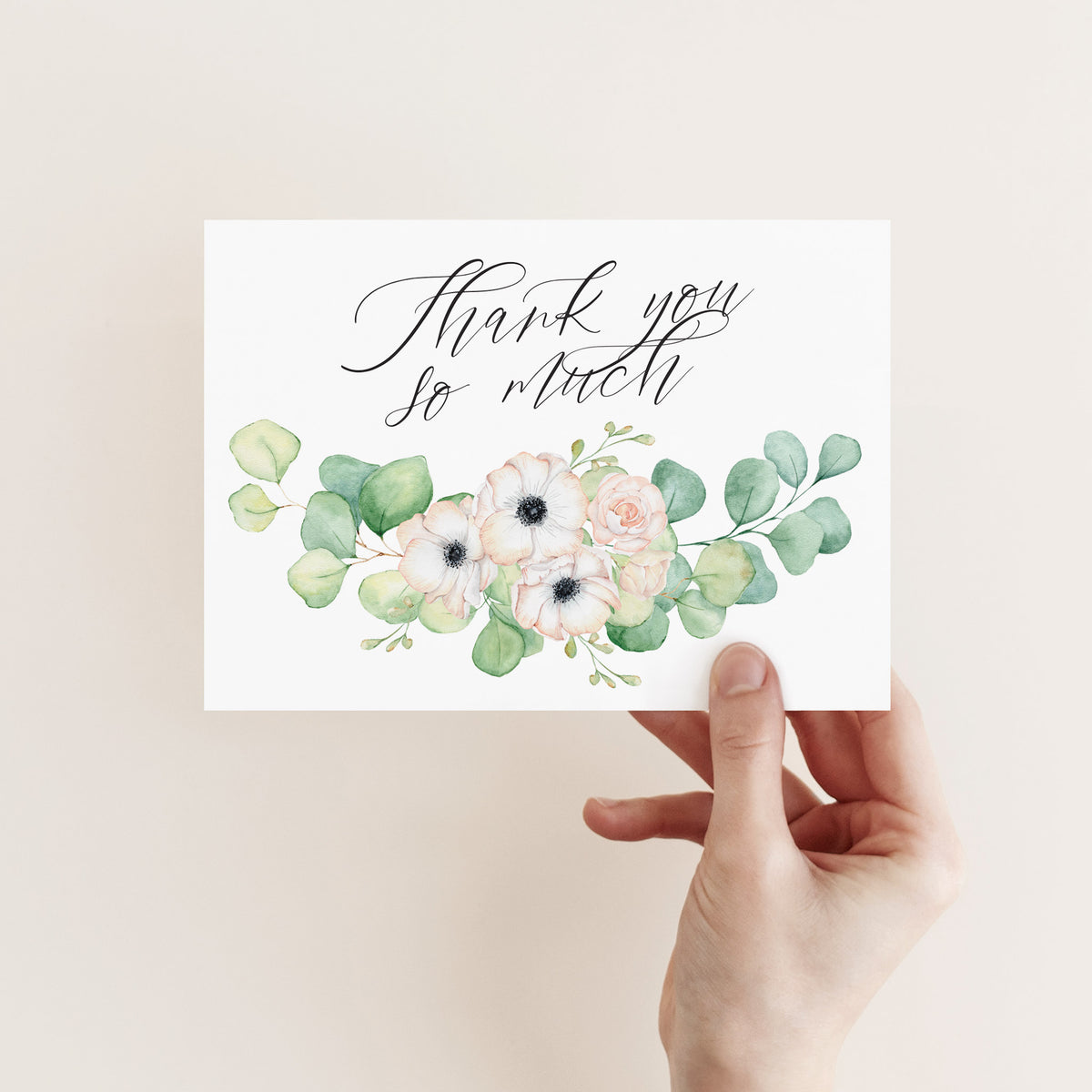 Watercolor floral thank you note cards with anemone, blush roses, and eucalyptus leaf motif.