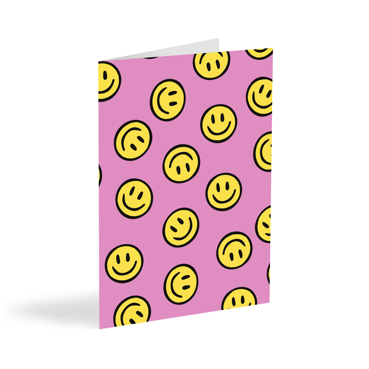 Twenty-four card set in pink with a graphic repeating yellow and black smiley face print.