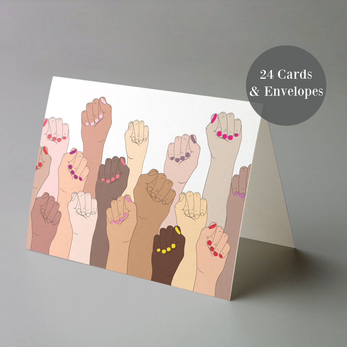 Full-bleed raised fist illustration on white background; nail colors include pink, yellow, and lavender.