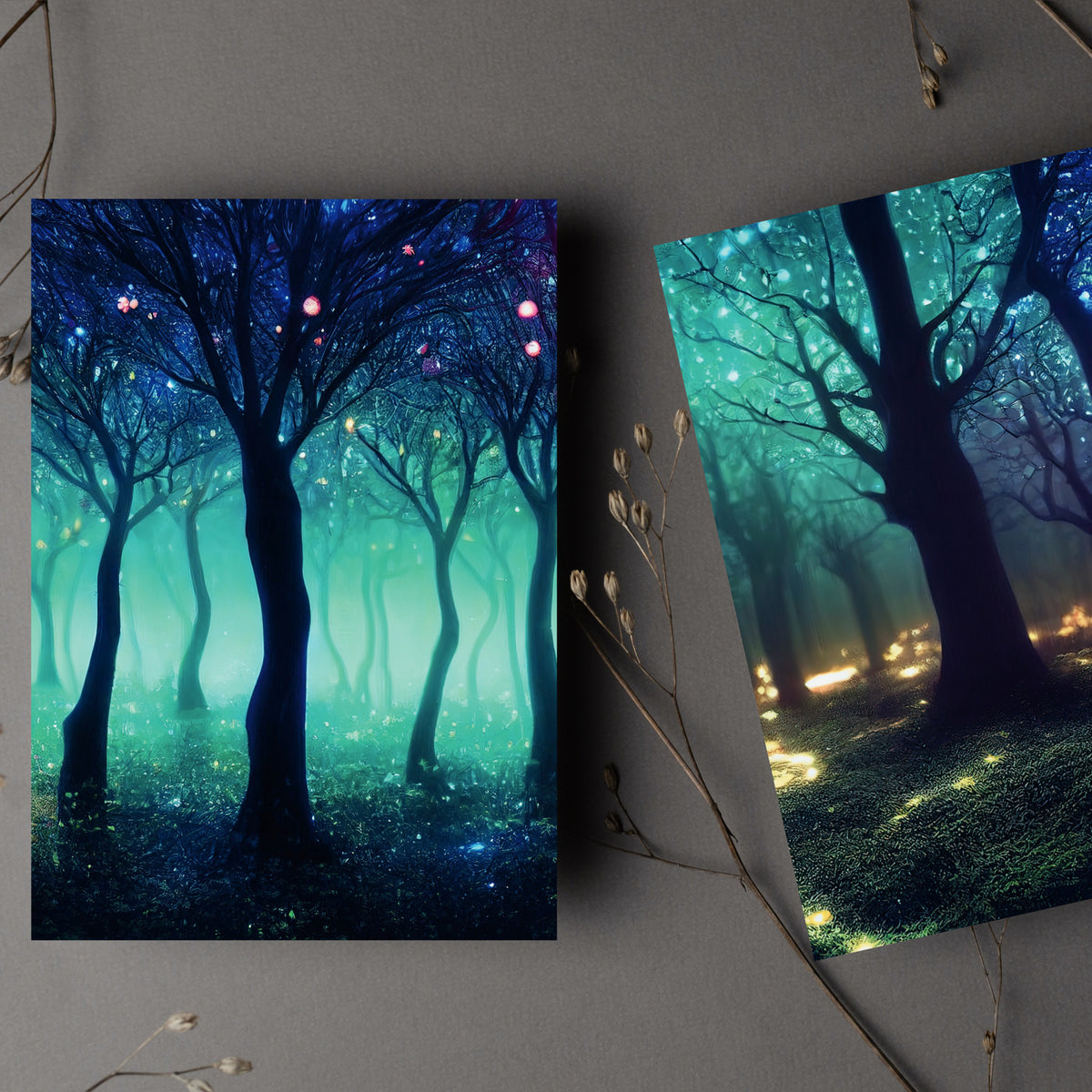 Fantasy forest cards, six designs repeated four times each, featuring bare trees and luminous glowing orbs.