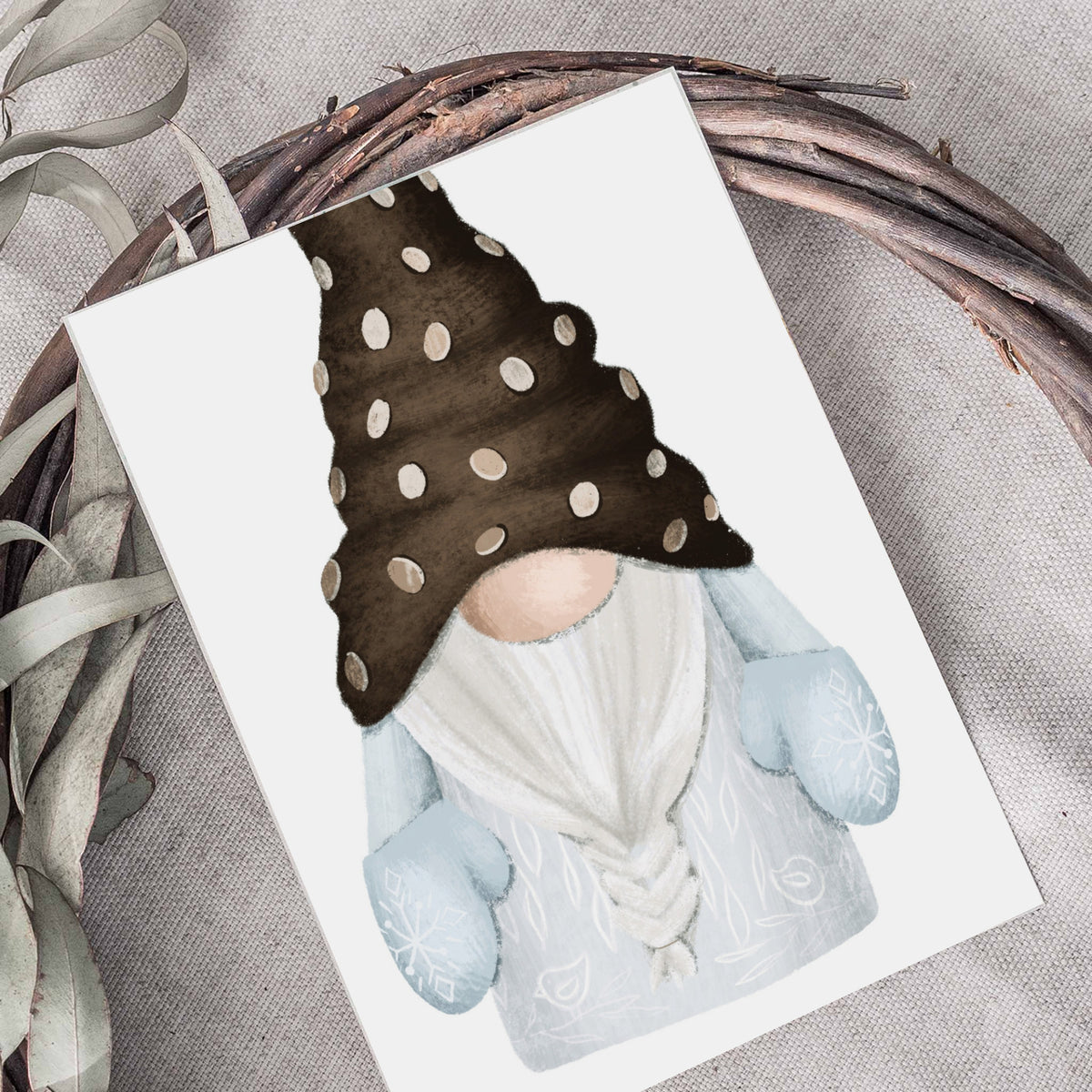 White cards with individual tomte gnome illustrations varying in hat color, pose, and accessories.